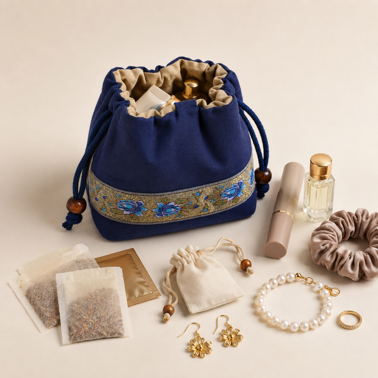 Handmade Embroidered Linen Drawstring Pouch