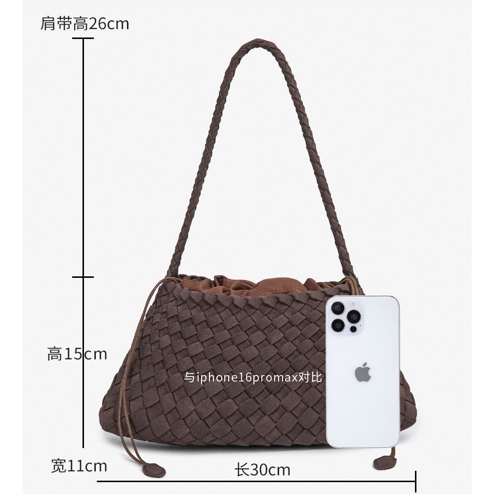 D Series Soft Woven PU Shoulder Bag – 30cm Daily Tote with Drawstring Design