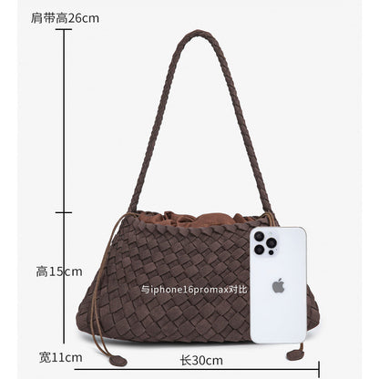 D Series Soft Woven PU Shoulder Bag – 30cm Daily Tote with Drawstring Design