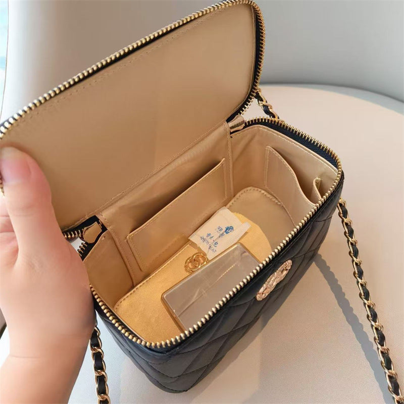 C Series · Genuine Leather Quilted Vanity Bag with Beaded Chain Handle – 4 Colors | Mini Makeup & Handheld Box Bag | Greenyuna