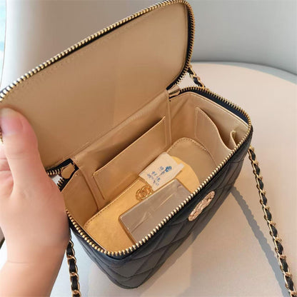 C Series · Genuine Leather Quilted Vanity Bag with Beaded Chain Handle – 4 Colors | Mini Makeup & Handheld Box Bag | Greenyuna