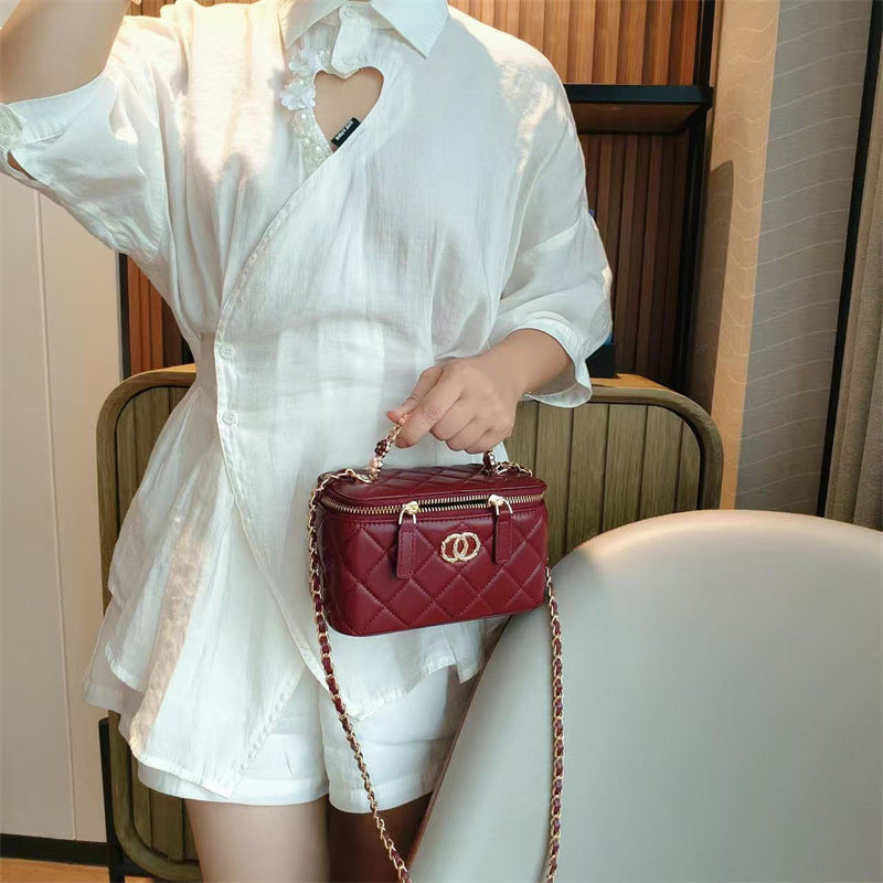 C Series · Genuine Leather Quilted Vanity Bag with Beaded Chain Handle – 4 Colors | Mini Makeup & Handheld Box Bag | Greenyuna