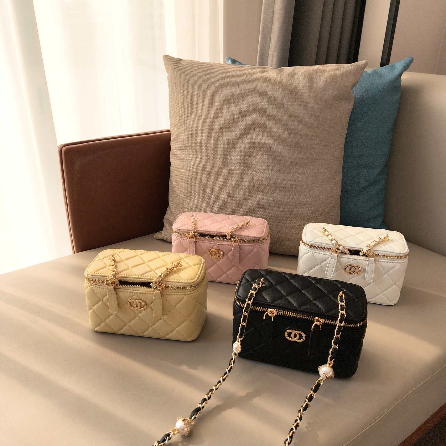 C Series · Genuine Leather Quilted Medium Vanity Box Bag – Pearl & Chain Strap | 4 Colors | Greenyuna