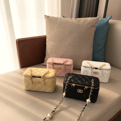 C Series · Genuine Leather Quilted Medium Vanity Box Bag – Pearl & Chain Strap | 4 Colors | Greenyuna