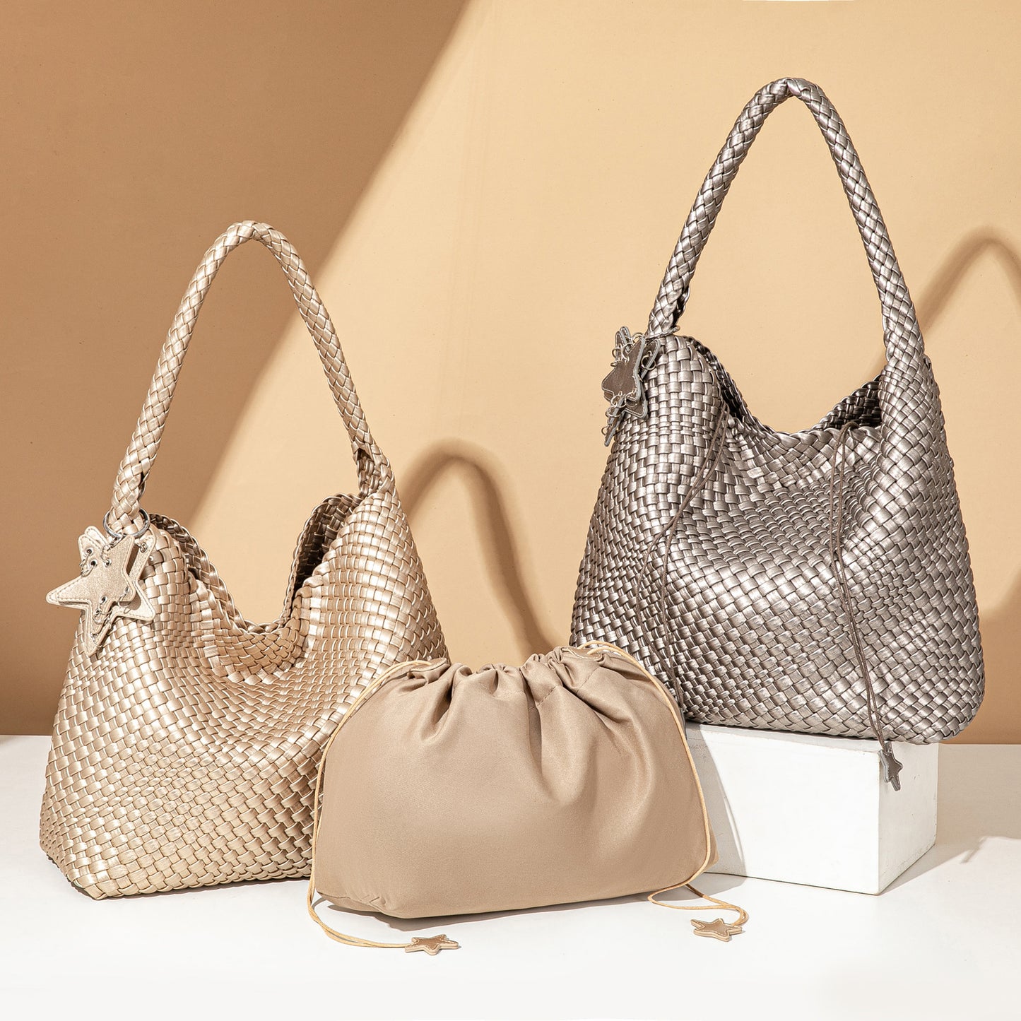 D Series Large Woven PU Hobo Tote – 33cm Shoulder Bag with Inner Pouch Set