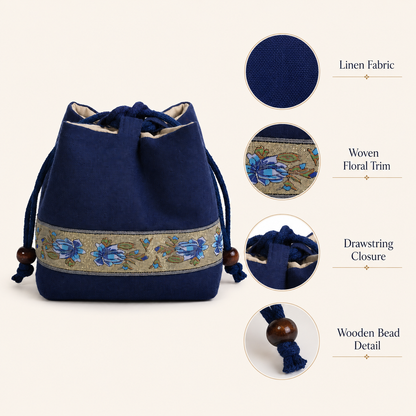 Handmade Embroidered Linen Drawstring Pouch