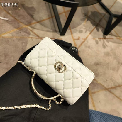 C Series | Genuine Leather Quilted Top-Handle Mini Bag – Golden Metal Frame Design