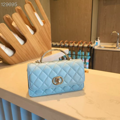 C Series | Genuine Leather Quilted Top-Handle Mini Bag – Golden Metal Frame Design