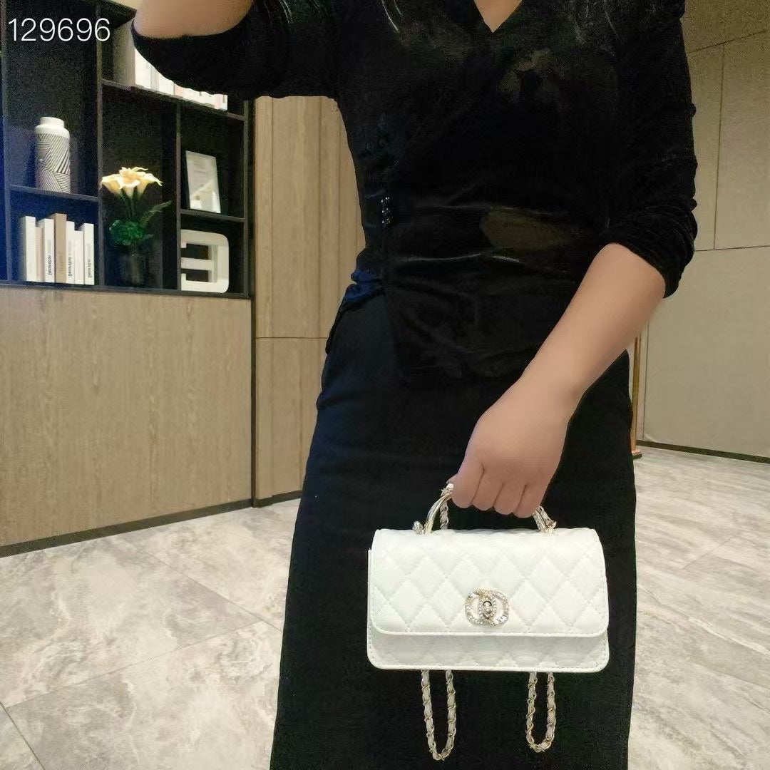 C Series | Genuine Leather Quilted Top-Handle Mini Bag – Golden Metal Frame Design