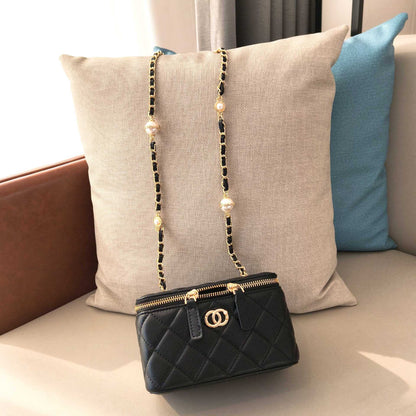 C Series · Genuine Leather Quilted Medium Vanity Box Bag – Pearl & Chain Strap | 4 Colors | Greenyuna