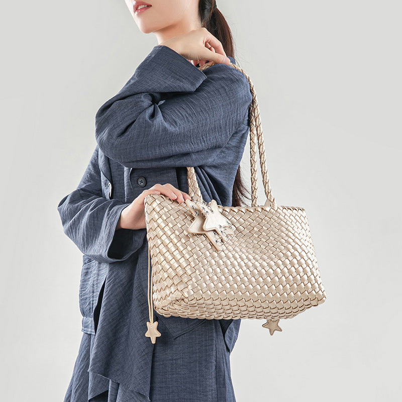 D Series Large Woven PU Tote Bag – 39cm with Star Detail and Drawstring Pouch