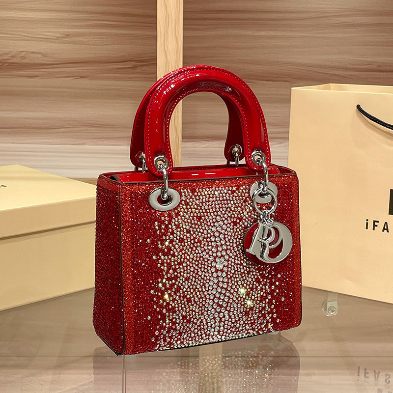 D Series Crystal-Embellished Mini Handbag – 27.5cm Small Bag with Gold or Purple Finish