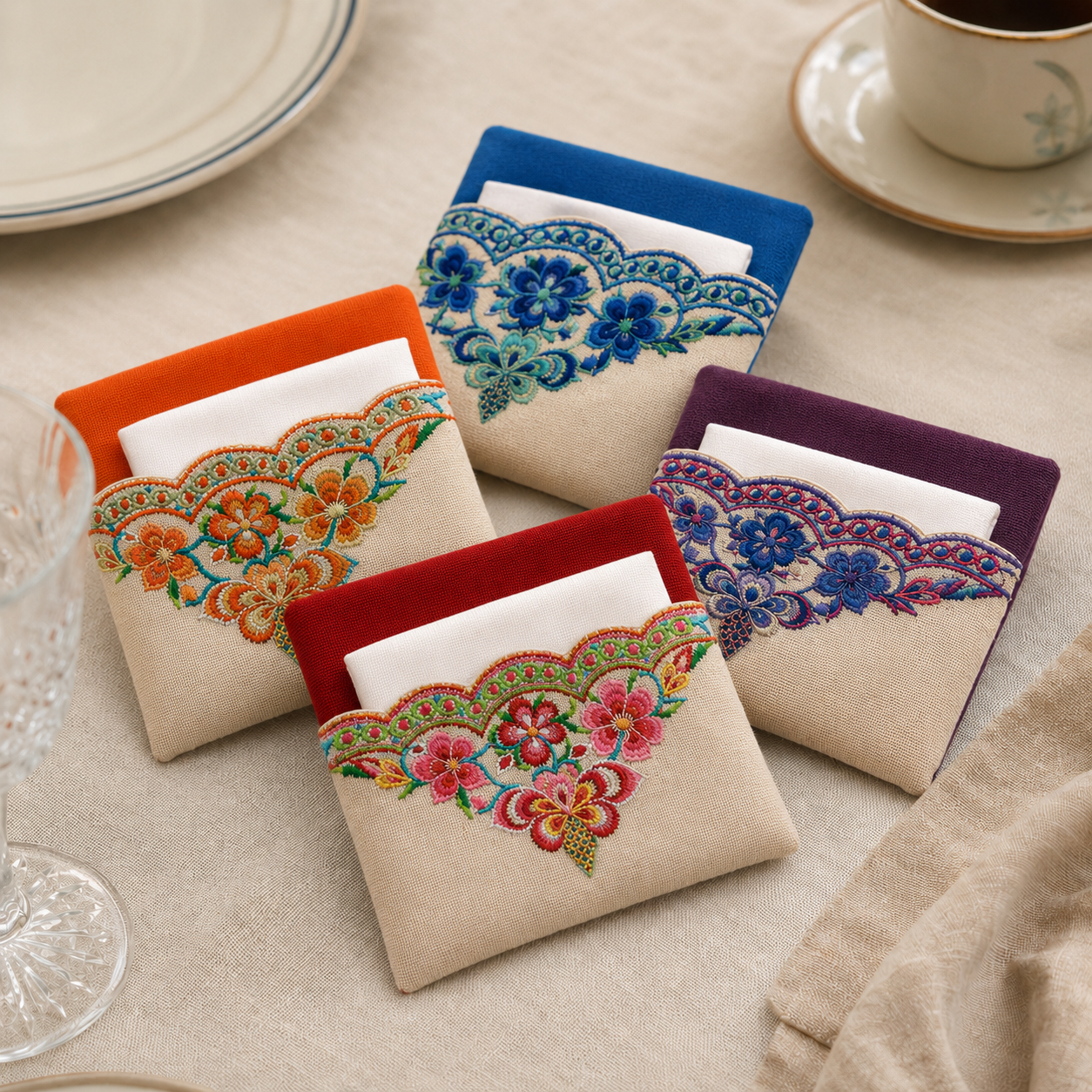 Floral Embroidered Linen Tissue Holder