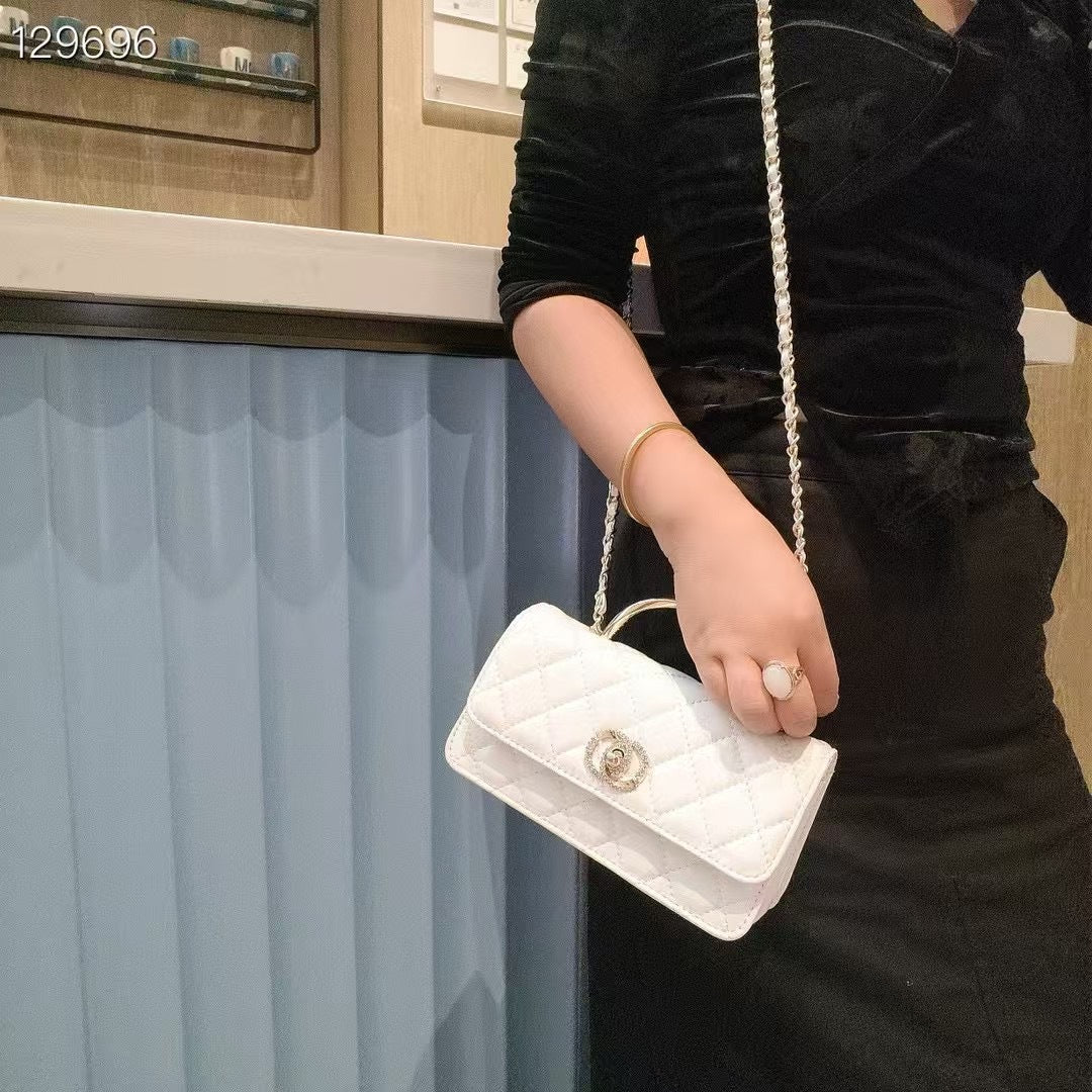 C Series | Genuine Leather Quilted Top-Handle Mini Bag – Golden Metal Frame Design