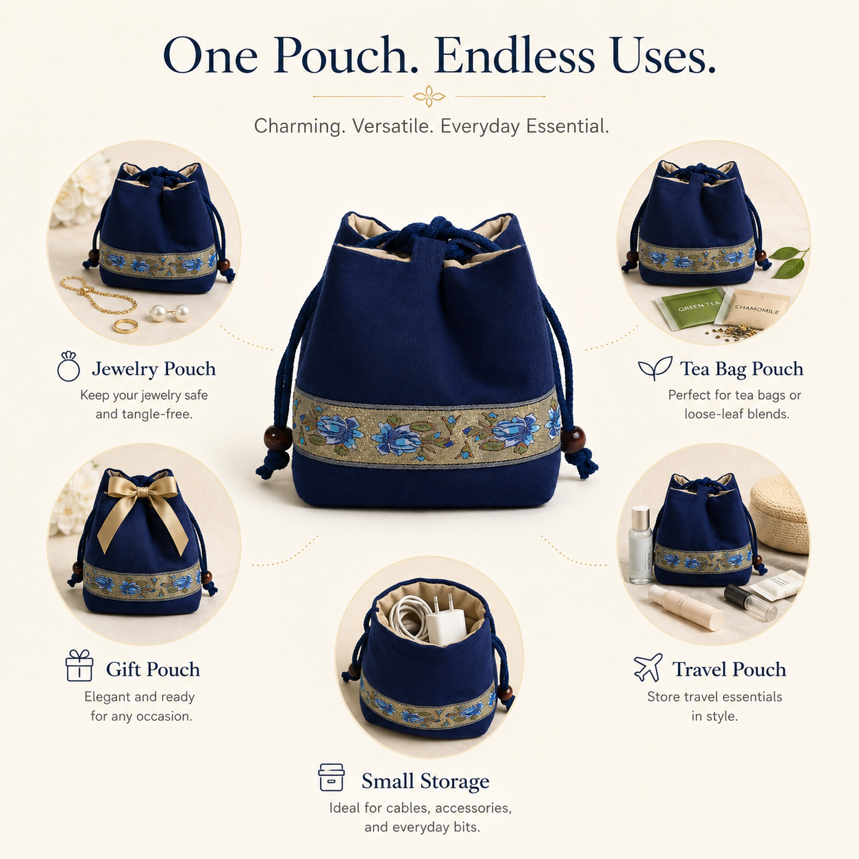 Handmade Embroidered Linen Drawstring Pouch