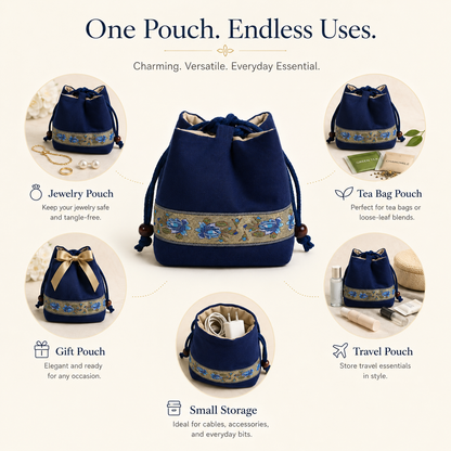 Handmade Embroidered Linen Drawstring Pouch