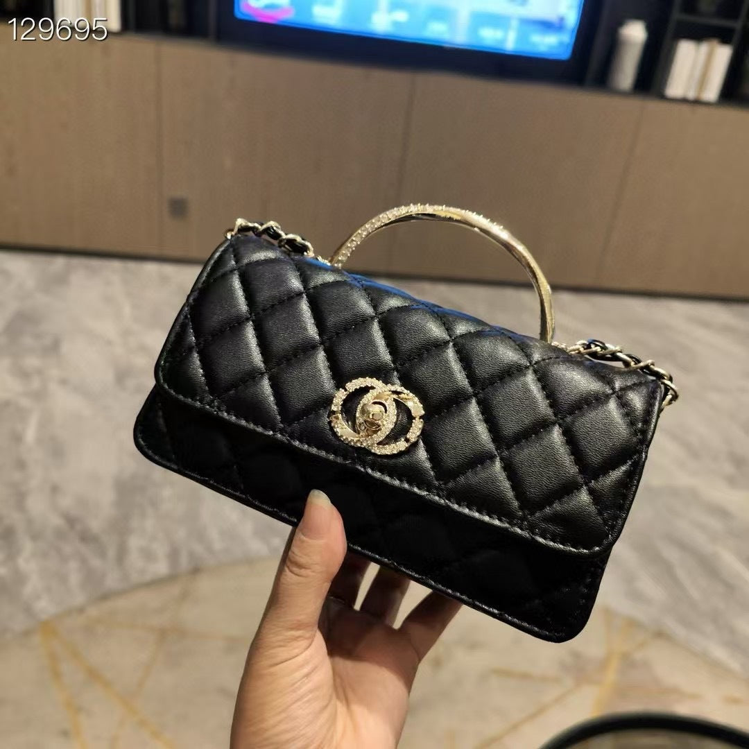 C Series | Genuine Leather Quilted Top-Handle Mini Bag – Golden Metal Frame Design