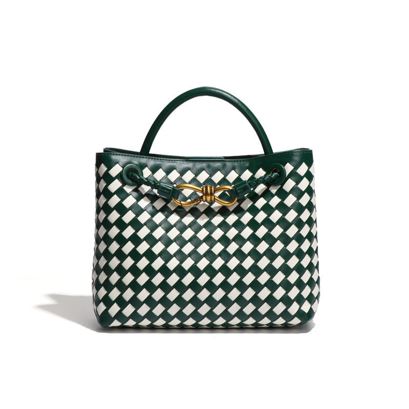 D Series Mini Woven PU Tote Bag – 25cm Handbag with Crossbody Strap