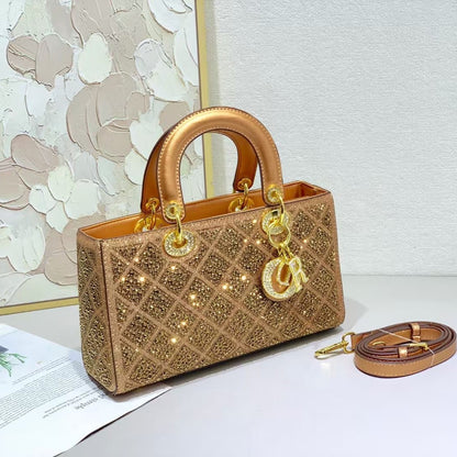 D Series PU Diamond-Quilted Mini Handbag – 27.5cm Small Bag with Gold Lock Detail