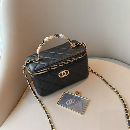 C Series · Genuine Leather Quilted Vanity Bag with Beaded Chain Handle – 4 Colors | Mini Makeup & Handheld Box Bag | Greenyuna