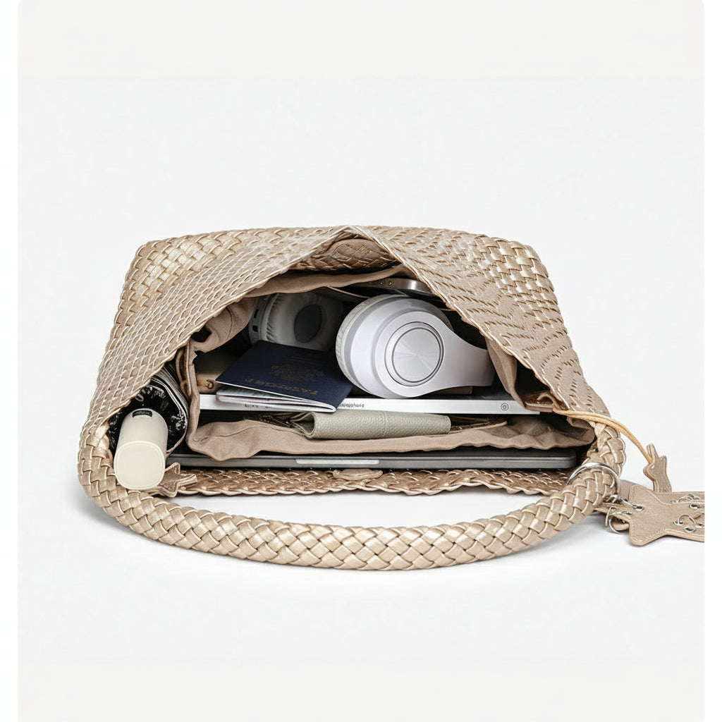 D Series Large Woven PU Hobo Tote – 33cm Shoulder Bag with Inner Pouch Set