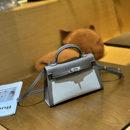 H Series 22 cm Canvas-Panel Structured Bag – Model 2011 | Silver Hardware