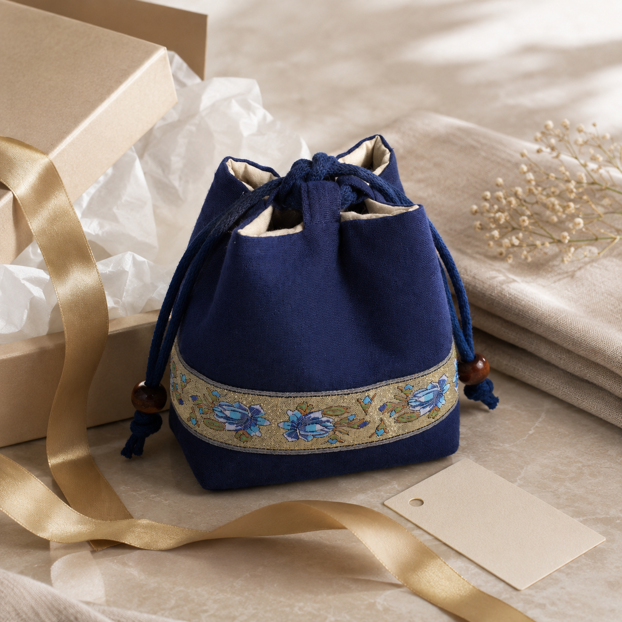 Handmade Embroidered Linen Drawstring Pouch