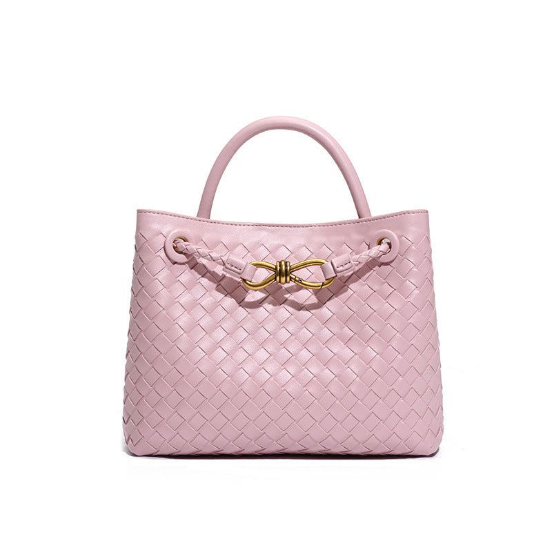 D Series Mini Woven PU Tote Bag – 25cm Handbag with Crossbody Strap