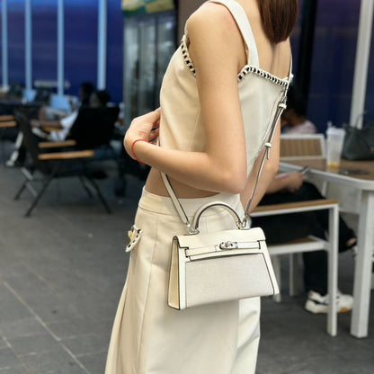 H Series 22 cm Canvas-Panel Structured Bag – Model 2011 | Silver Hardware