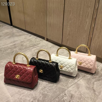 C Series · Genuine Leather Quilted Twisted-Metal Handle Flap Bag – 4 Colors | Elegant Top Handle | Greenyuna