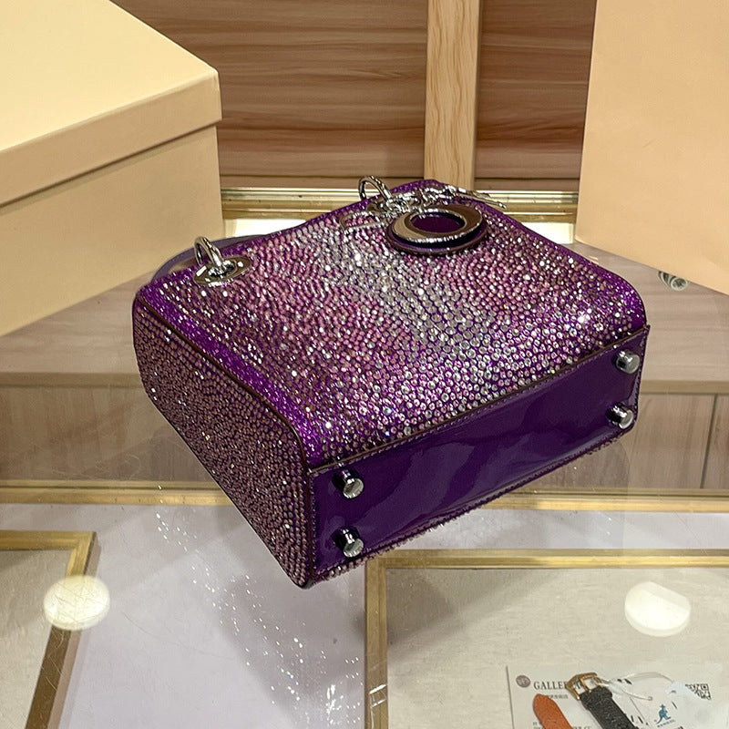 D Series Crystal-Embellished Mini Handbag – 27.5cm Small Bag with Gold or Purple Finish