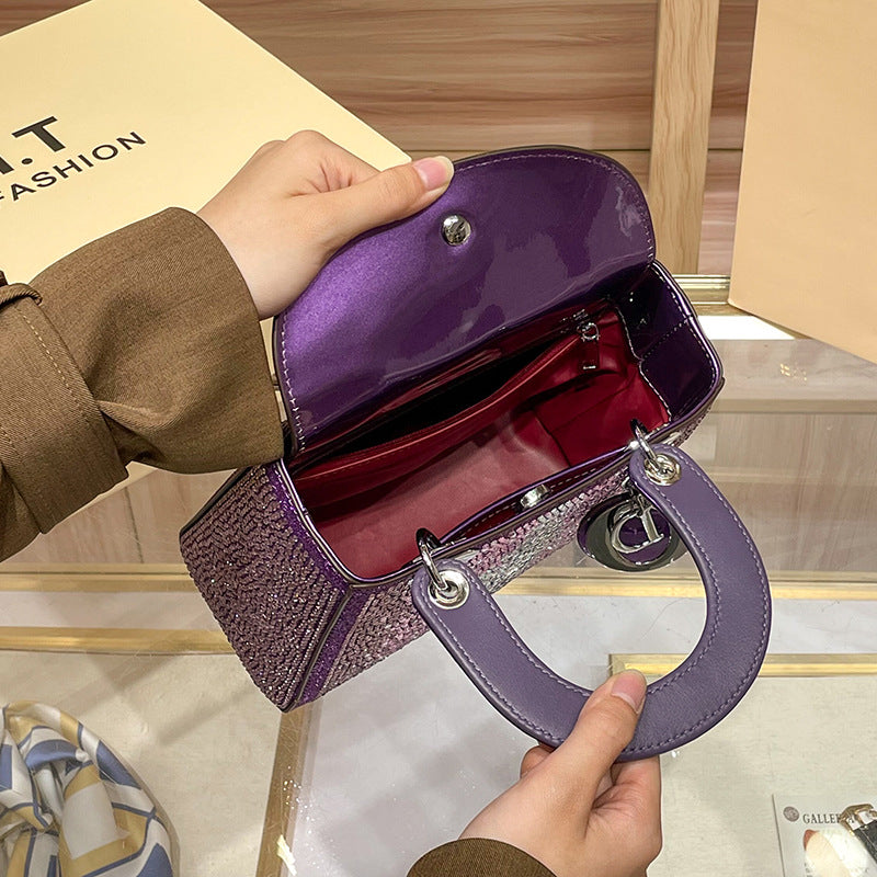 D Series Crystal-Embellished Mini Handbag – 27.5cm Small Bag with Gold or Purple Finish