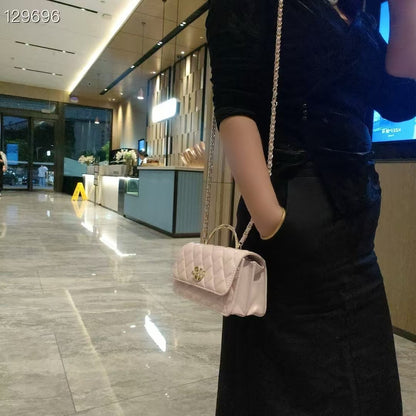 C Series | Genuine Leather Quilted Top-Handle Mini Bag – Golden Metal Frame Design