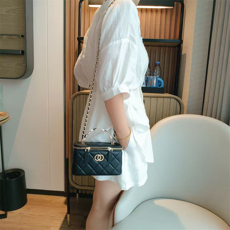 C Series · Genuine Leather Quilted Vanity Bag with Beaded Chain Handle – 4 Colors | Mini Makeup & Handheld Box Bag | Greenyuna