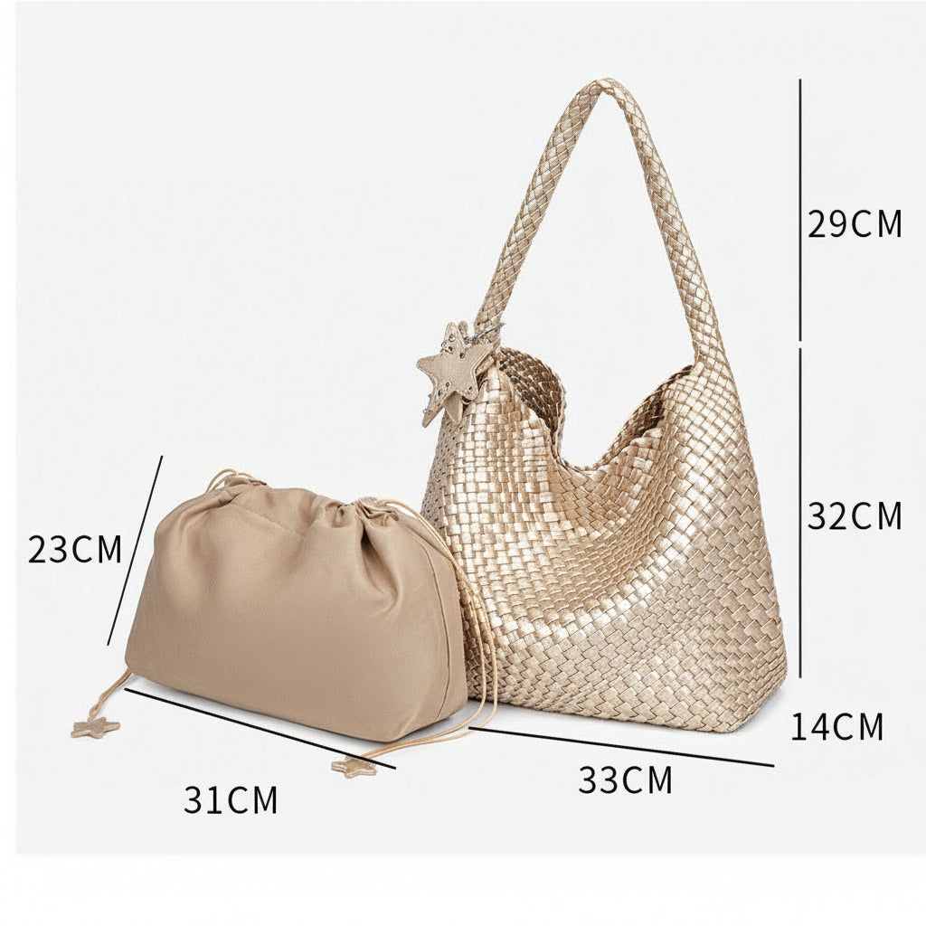 D Series Large Woven PU Hobo Tote – 33cm Shoulder Bag with Inner Pouch Set