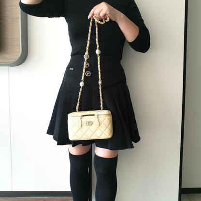 C Series · Genuine Leather Quilted Medium Vanity Box Bag – Pearl & Chain Strap | 4 Colors | Greenyuna
