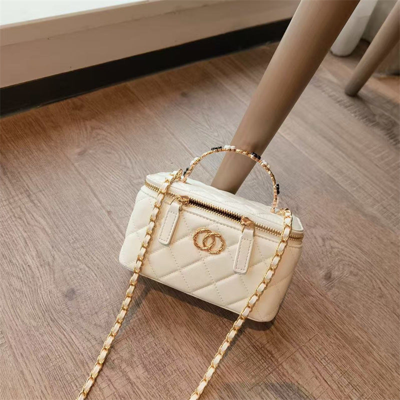 C Series · Genuine Leather Quilted Vanity Bag with Beaded Chain Handle – 4 Colors | Mini Makeup & Handheld Box Bag | Greenyuna