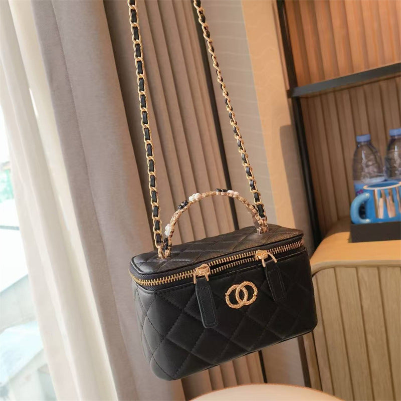 C Series · Genuine Leather Quilted Vanity Bag with Beaded Chain Handle – 4 Colors | Mini Makeup & Handheld Box Bag | Greenyuna