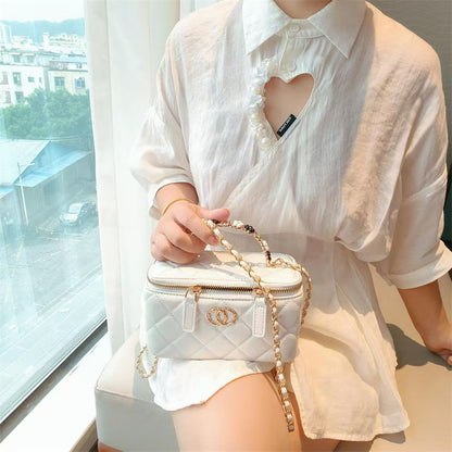 C Series · Genuine Leather Quilted Vanity Bag with Beaded Chain Handle – 4 Colors | Mini Makeup & Handheld Box Bag | Greenyuna