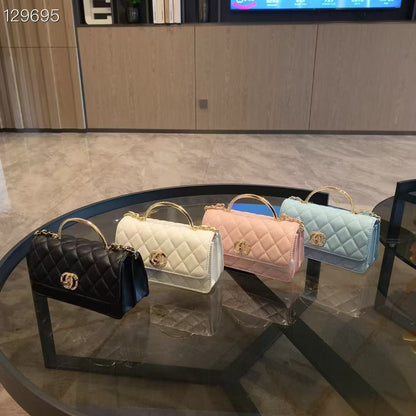 C Series | Genuine Leather Quilted Top-Handle Mini Bag – Golden Metal Frame Design