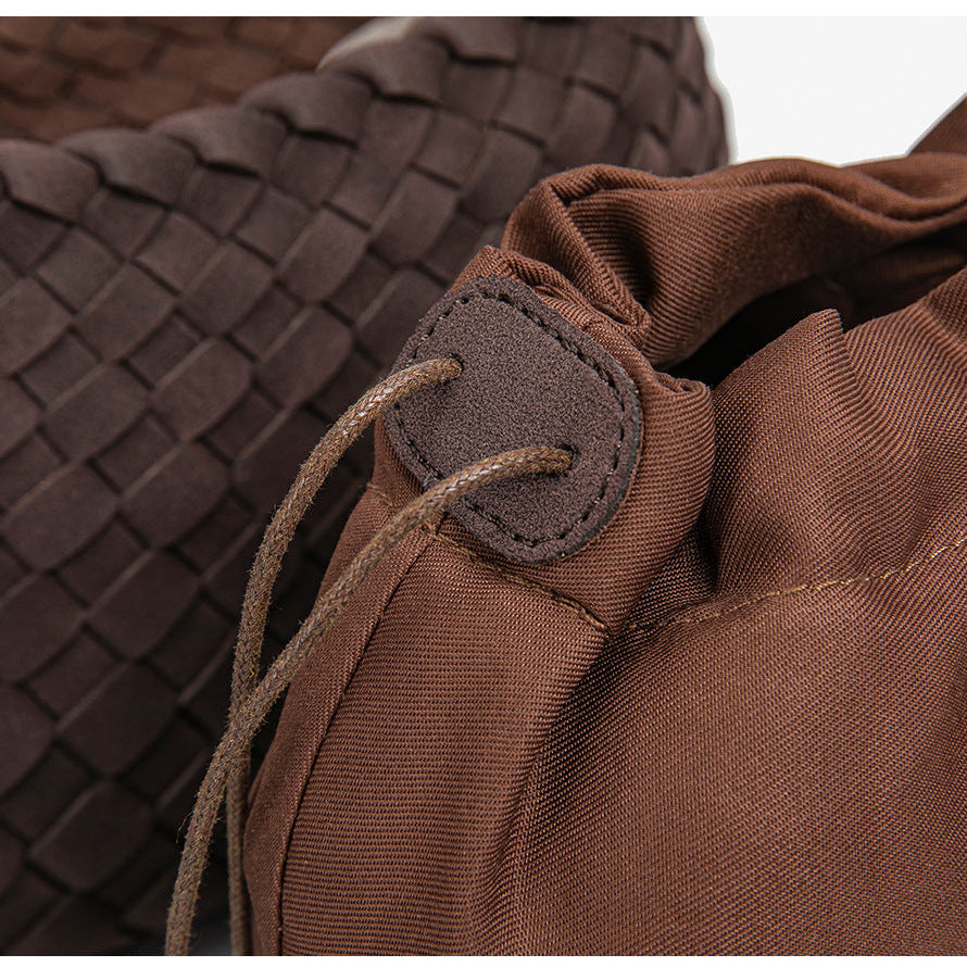 D Series Soft Woven PU Shoulder Bag – 30cm Daily Tote with Drawstring Design