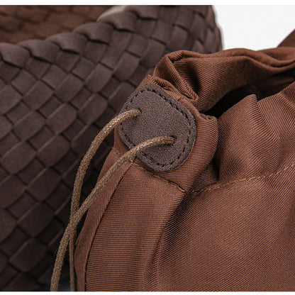 D Series Soft Woven PU Shoulder Bag – 30cm Daily Tote with Drawstring Design