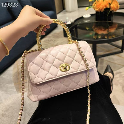 C Series · Genuine Leather Quilted Twisted-Metal Handle Flap Bag – 4 Colors | Elegant Top Handle | Greenyuna