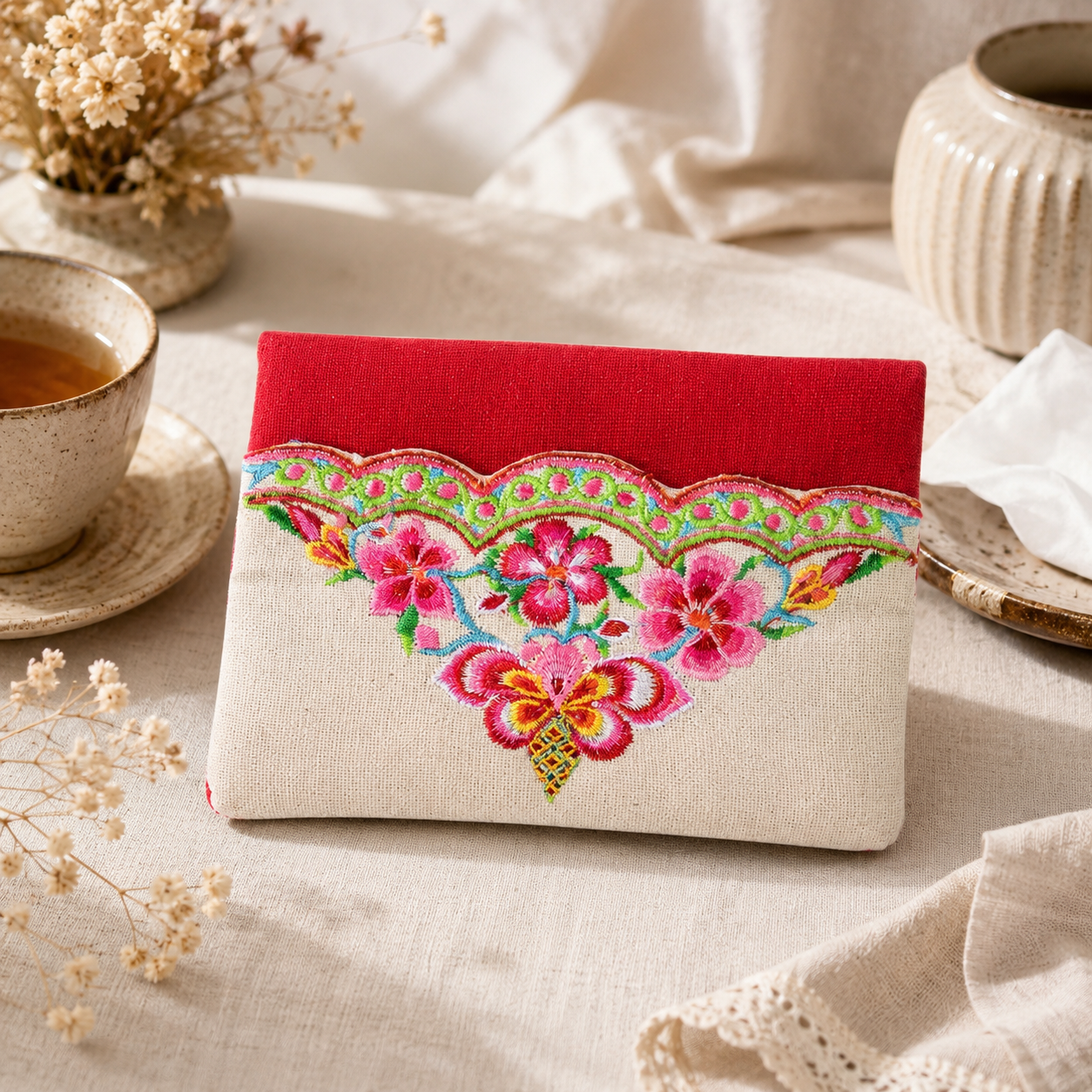 Floral Embroidered Linen Tissue Holder