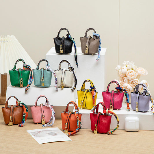Mini PU Bucket Handbag | Cute Decorative Bag with Scarf Charm