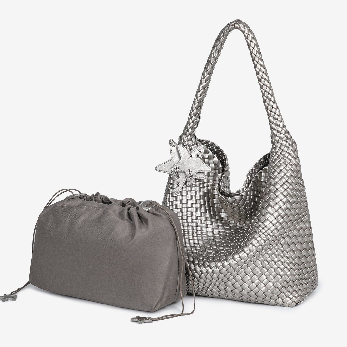 D Series Large Woven PU Hobo Tote – 33cm Shoulder Bag with Inner Pouch Set