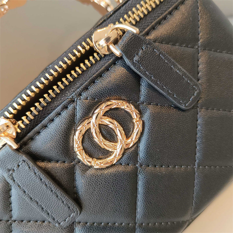 C Series · Genuine Leather Quilted Vanity Bag with Beaded Chain Handle – 4 Colors | Mini Makeup & Handheld Box Bag | Greenyuna