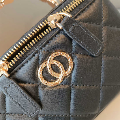 C Series · Genuine Leather Quilted Vanity Bag with Beaded Chain Handle – 4 Colors | Mini Makeup & Handheld Box Bag | Greenyuna