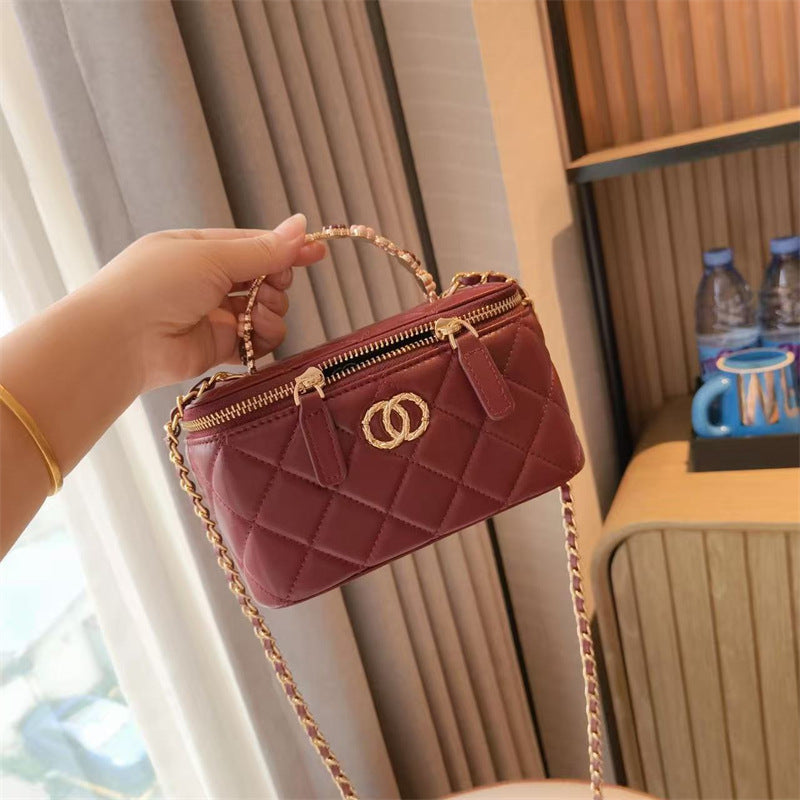 C Series · Genuine Leather Quilted Vanity Bag with Beaded Chain Handle – 4 Colors | Mini Makeup & Handheld Box Bag | Greenyuna