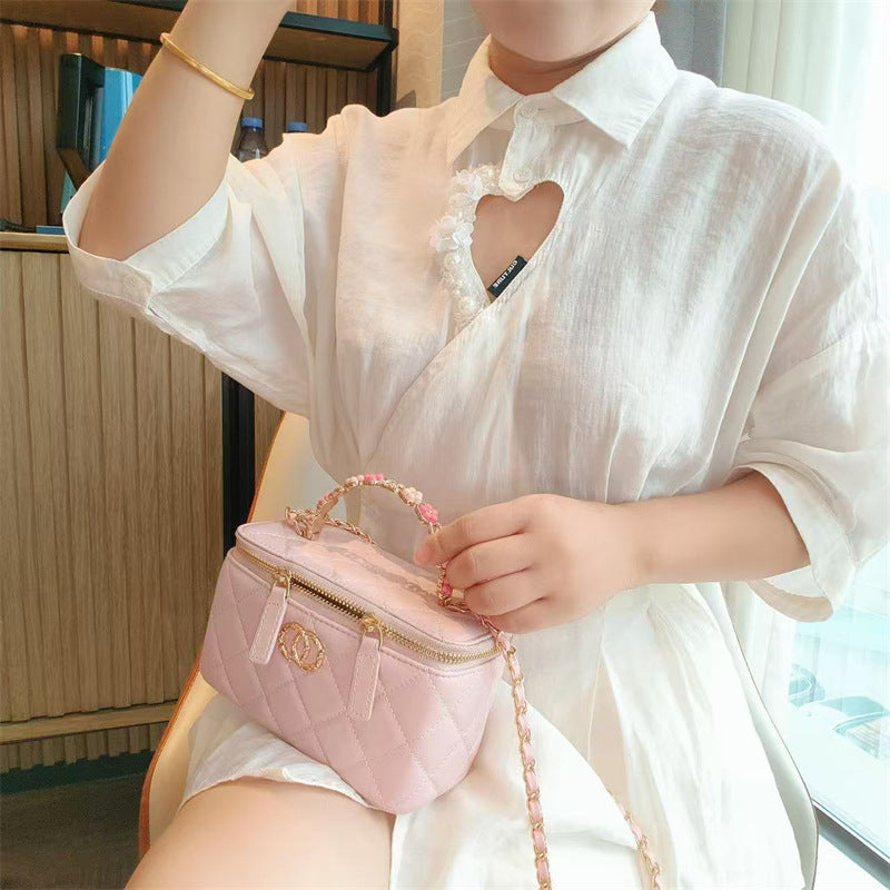 C Series · Genuine Leather Quilted Vanity Bag with Beaded Chain Handle – 4 Colors | Mini Makeup & Handheld Box Bag | Greenyuna